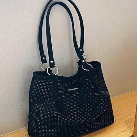 NWOT - Sparkly Rhinestone Black Velvet Hobo Shoulder Bag Tote Purse - Picture 1 of 7